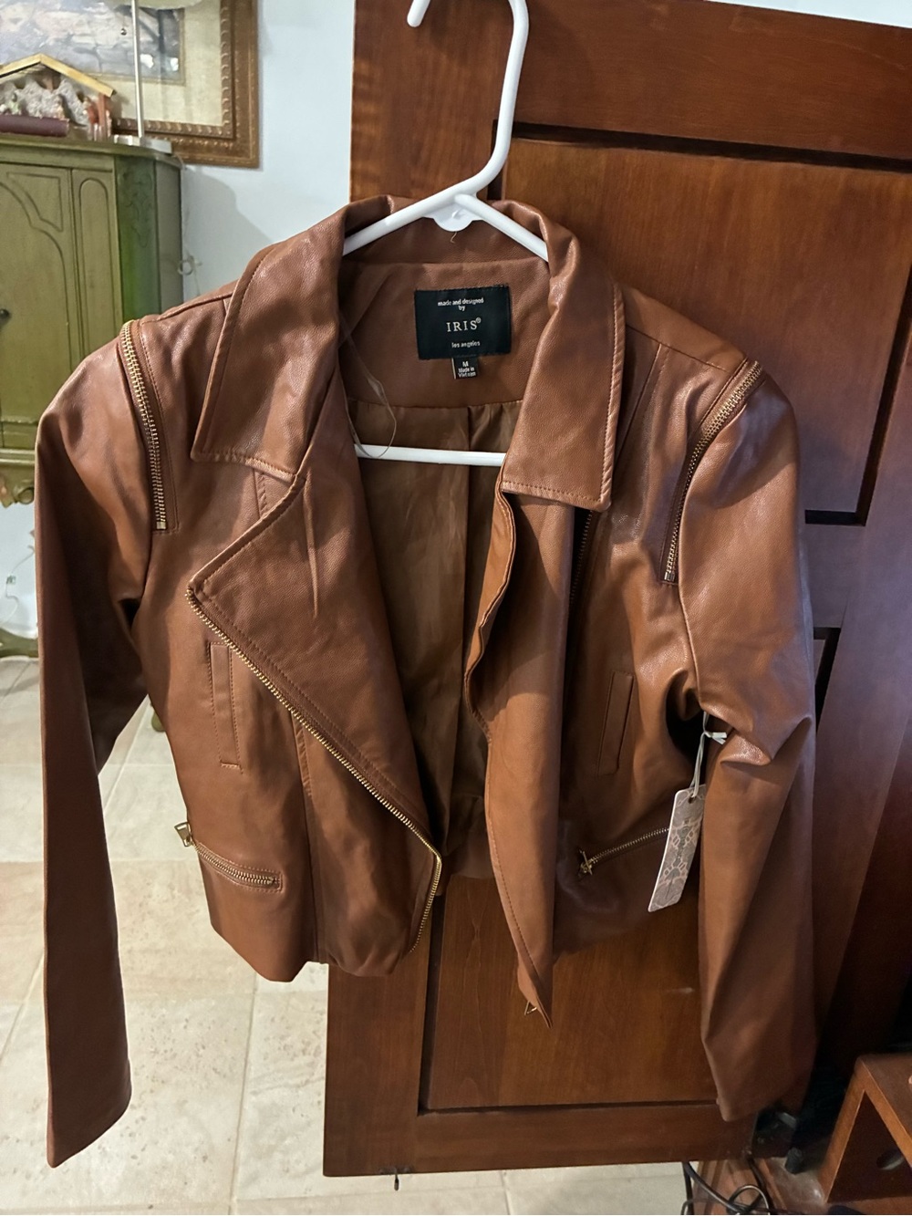 iris Cognac Brown Leather Moto Jacket with Zip Details